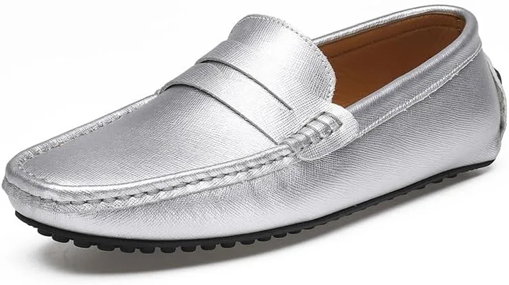 Men's Loafers Genuine Leather Stitching Details Penny Driving Loafer Comfortable Lightweight Flat Heel Classic Slip On(Silver,11.5)