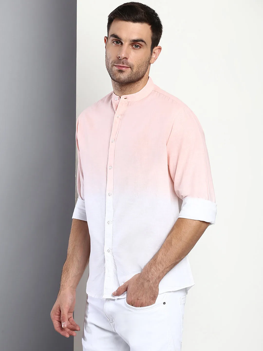 Men's Ombre Dusty Peach Slim Fit Cotton Casual Shirt With Mandarin Collar & Full Sleeves