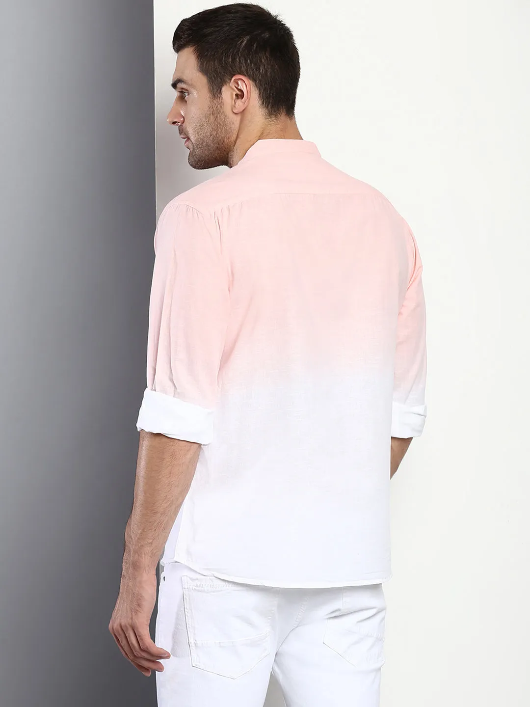 Men's Ombre Dusty Peach Slim Fit Cotton Casual Shirt With Mandarin Collar & Full Sleeves