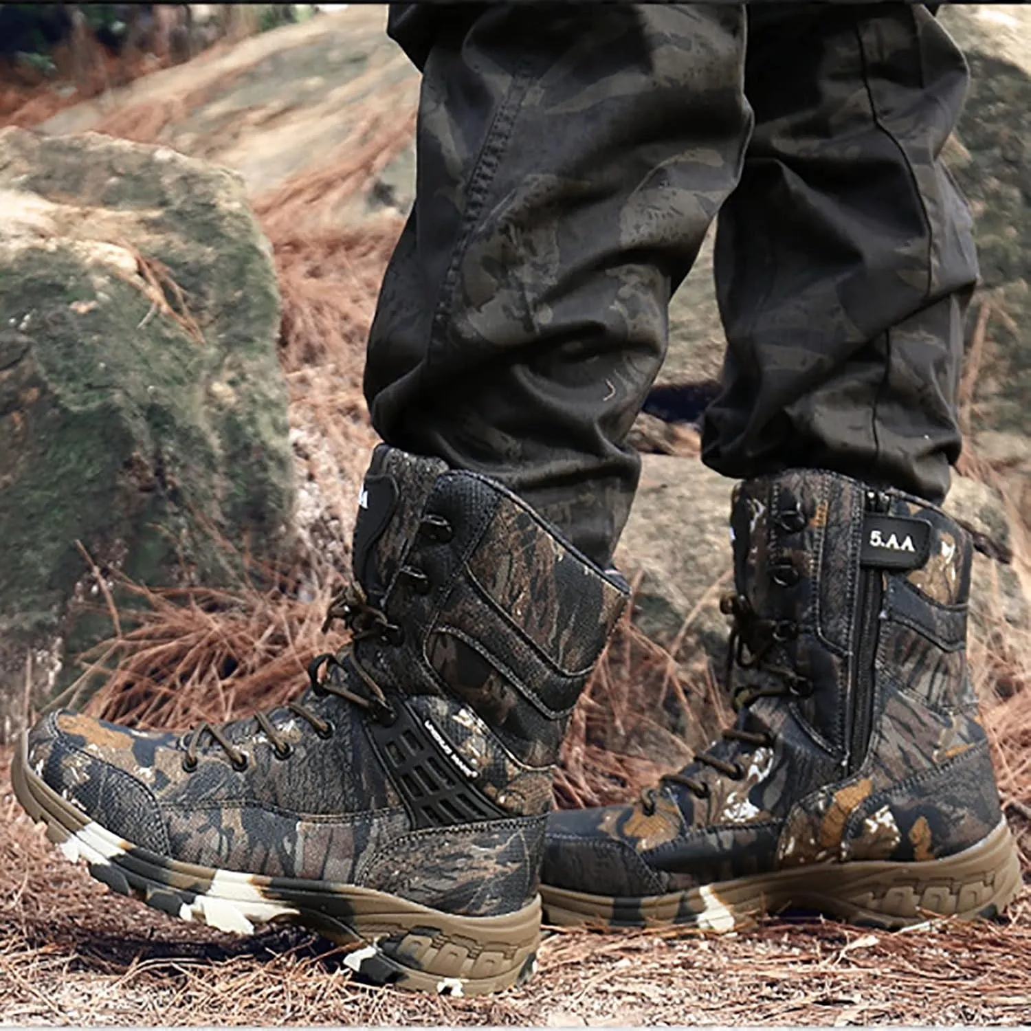 Men's Outdoor Tactical Boots, Waterproof Durable Camouflage with Zipper Oxford Cloth Military Shoes, for Desert Rubber Cushioning Outsole Hiking Shoes