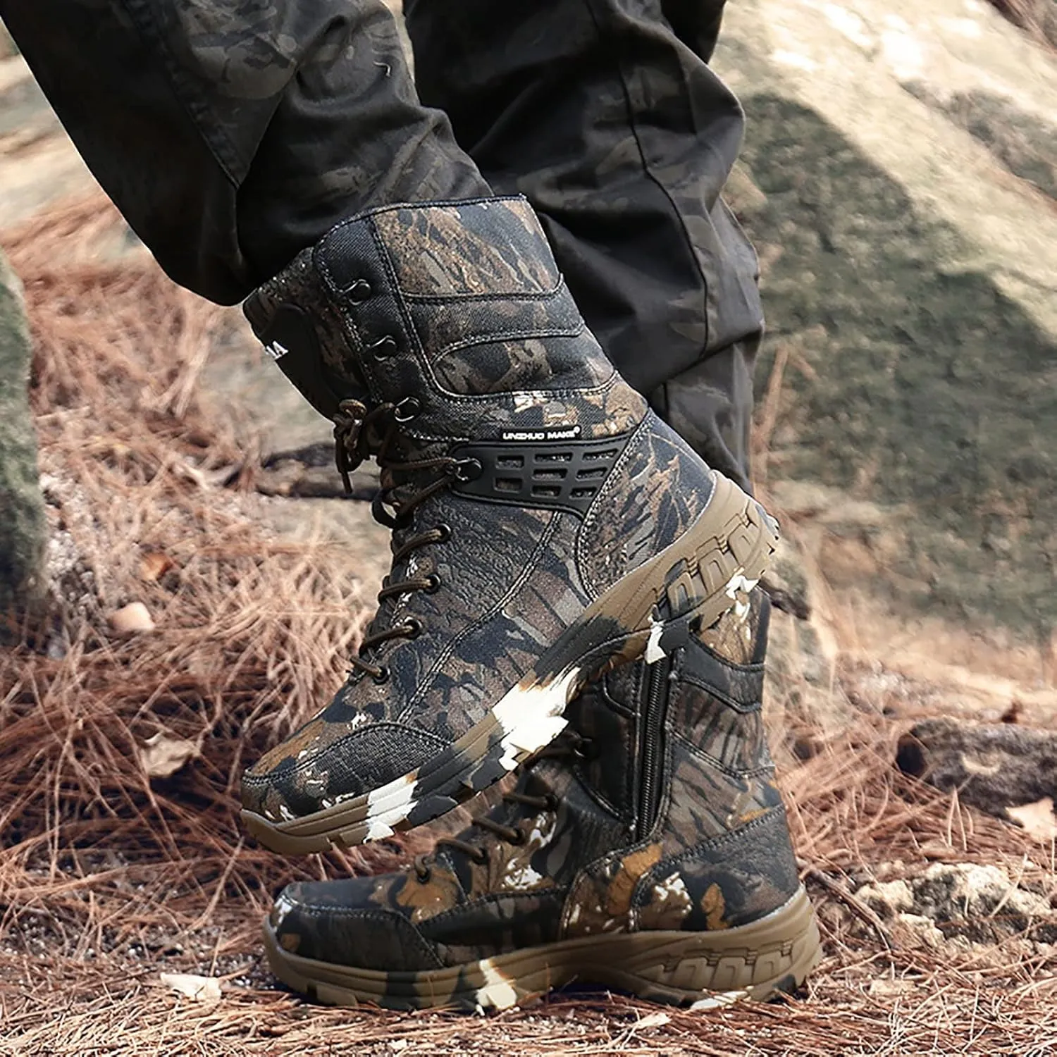 Men's Outdoor Tactical Boots, Waterproof Durable Camouflage with Zipper Oxford Cloth Military Shoes, for Desert Rubber Cushioning Outsole Hiking Shoes