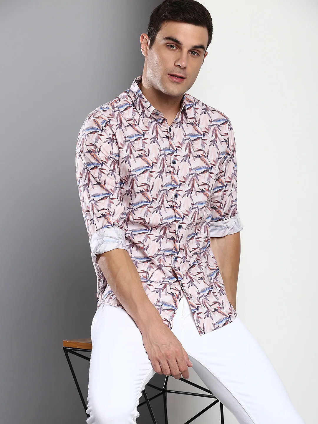 Men's Printed Peach Slim Fit Satin Casual Shirt With Spread Collar & Full Sleeves (C9045_Peach_S)