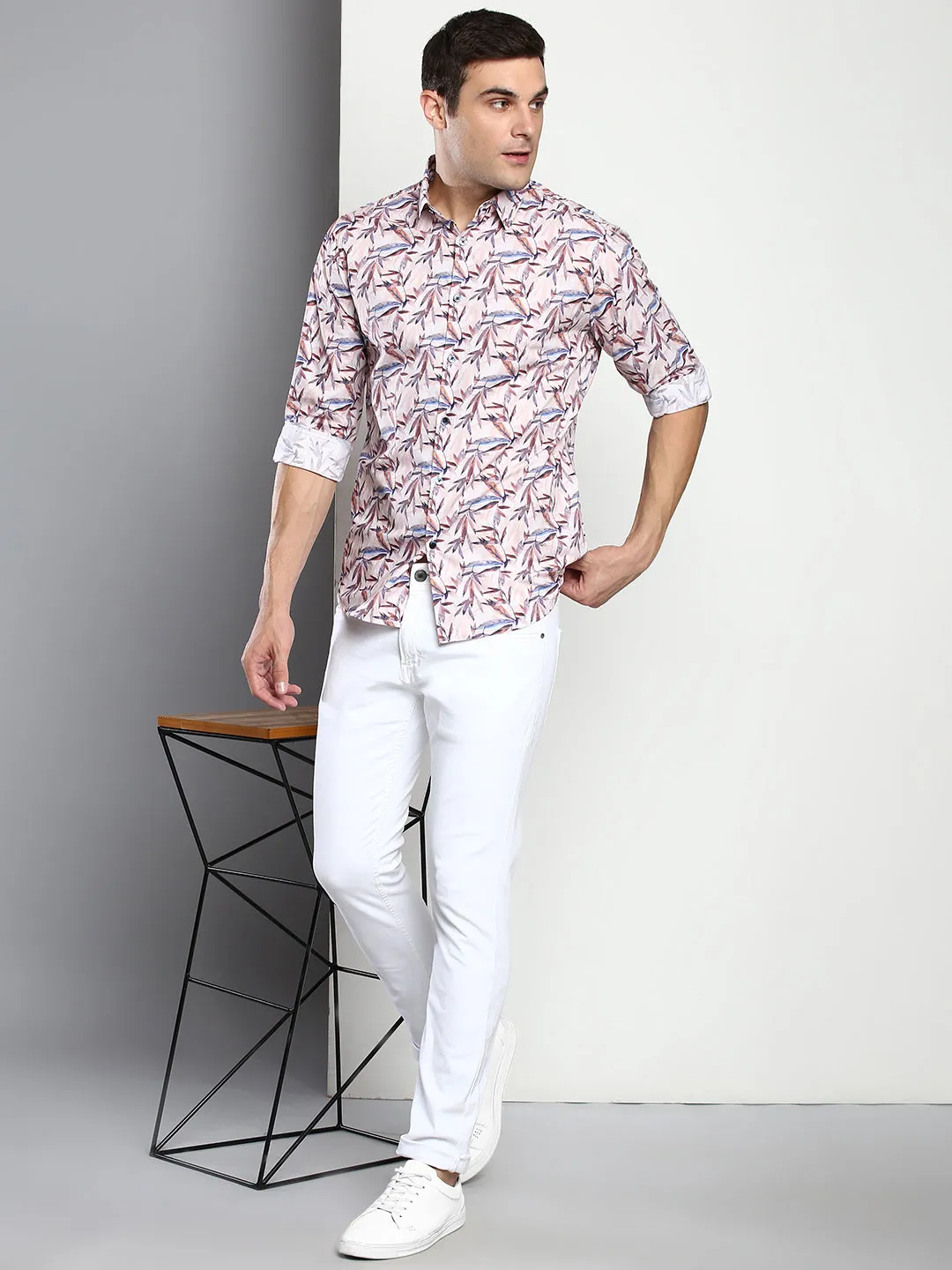 Men's Printed Peach Slim Fit Satin Casual Shirt With Spread Collar & Full Sleeves (C9045_Peach_S)