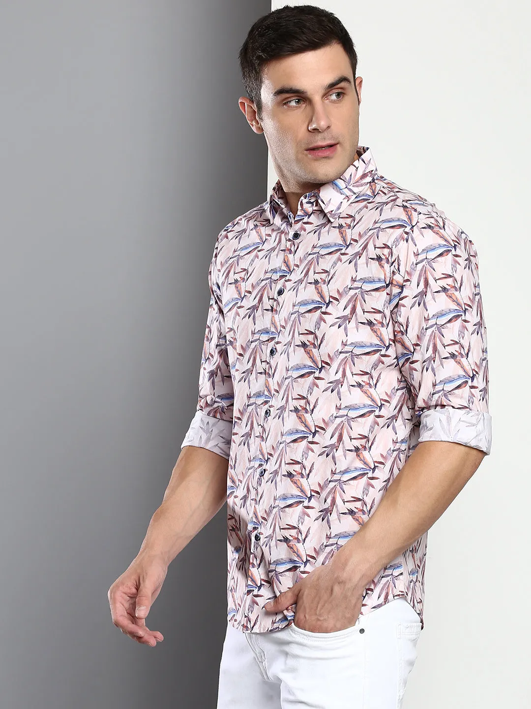 Men's Printed Peach Slim Fit Satin Casual Shirt With Spread Collar & Full Sleeves (C9045_Peach_S)