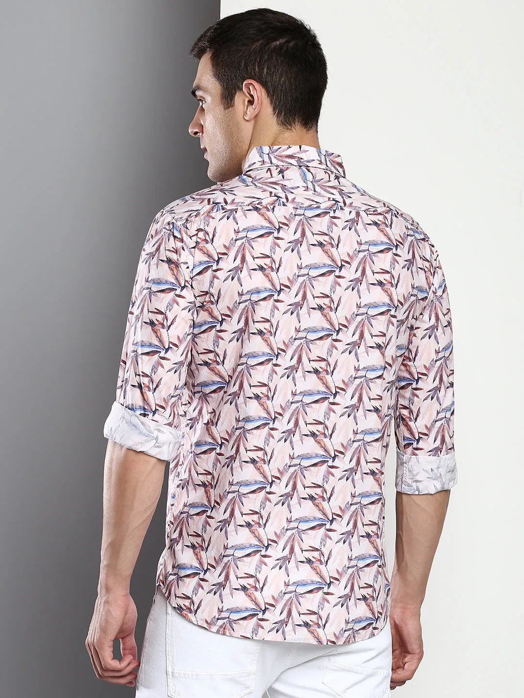 Men's Printed Peach Slim Fit Satin Casual Shirt With Spread Collar & Full Sleeves (C9045_Peach_S)
