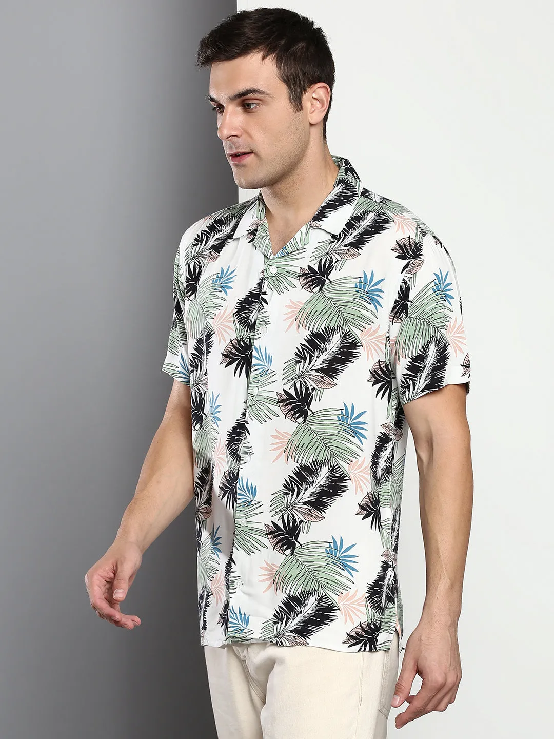 Men's Printed White Slim Fit Rayon Casual Shirt With Cuban Collar & Half Sleeves