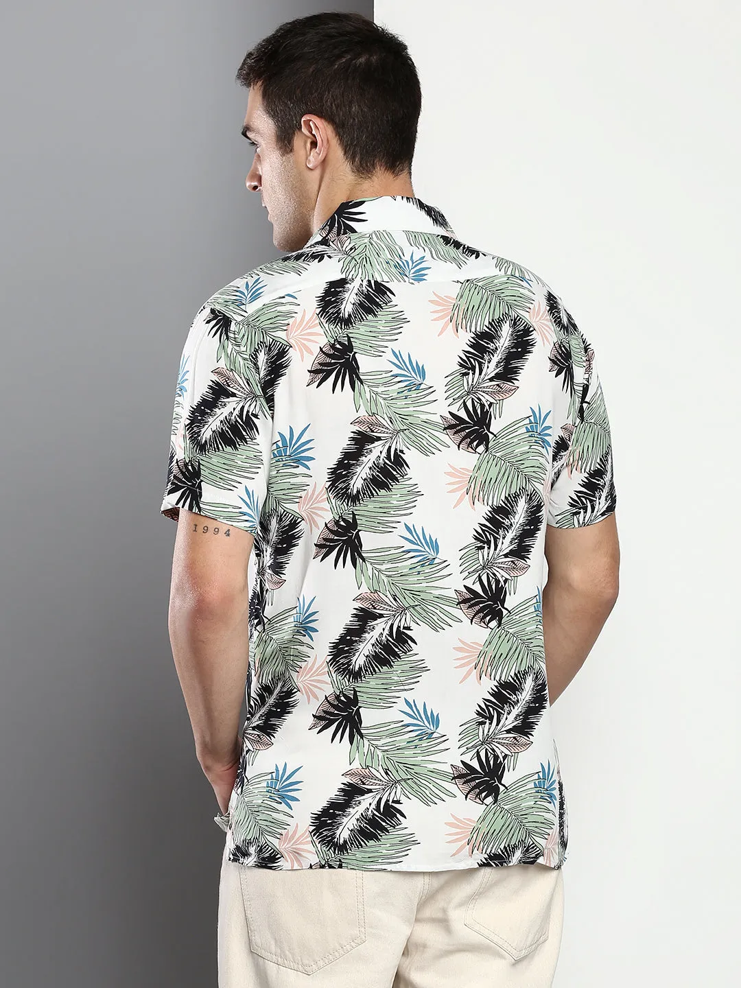 Men's Printed White Slim Fit Rayon Casual Shirt With Cuban Collar & Half Sleeves