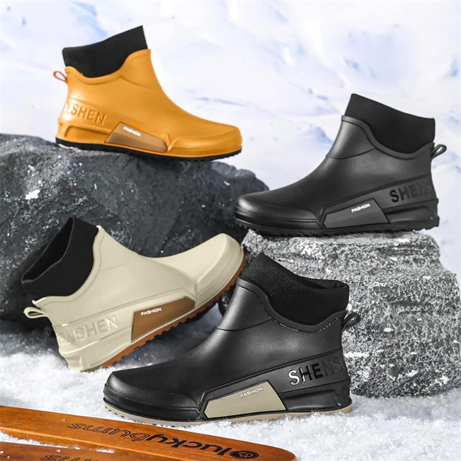 Men's Rain Boots Wide Calf Waterproof Rubber Boots Wide Width Non Slip Work Boots Ankle Short Rain Boots
