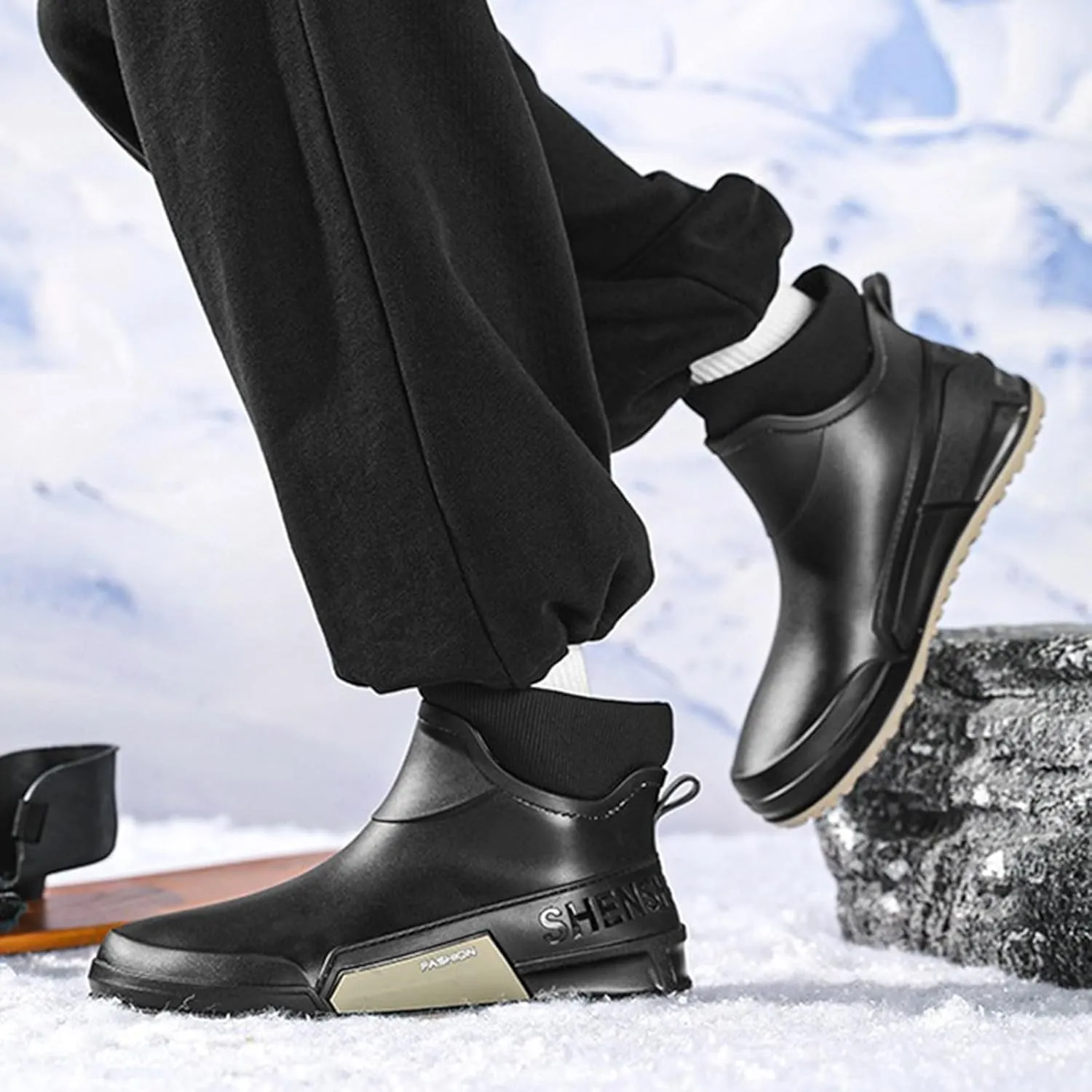 Men's Rain Boots Wide Calf Waterproof Rubber Boots Wide Width Non Slip Work Boots Ankle Short Rain Boots