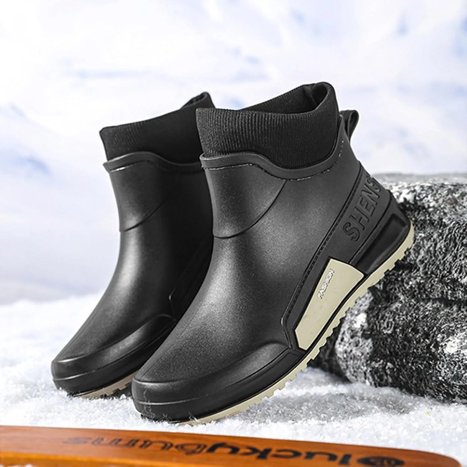 Men's Rain Boots Wide Calf Waterproof Rubber Boots Wide Width Non Slip Work Boots Ankle Short Rain Boots