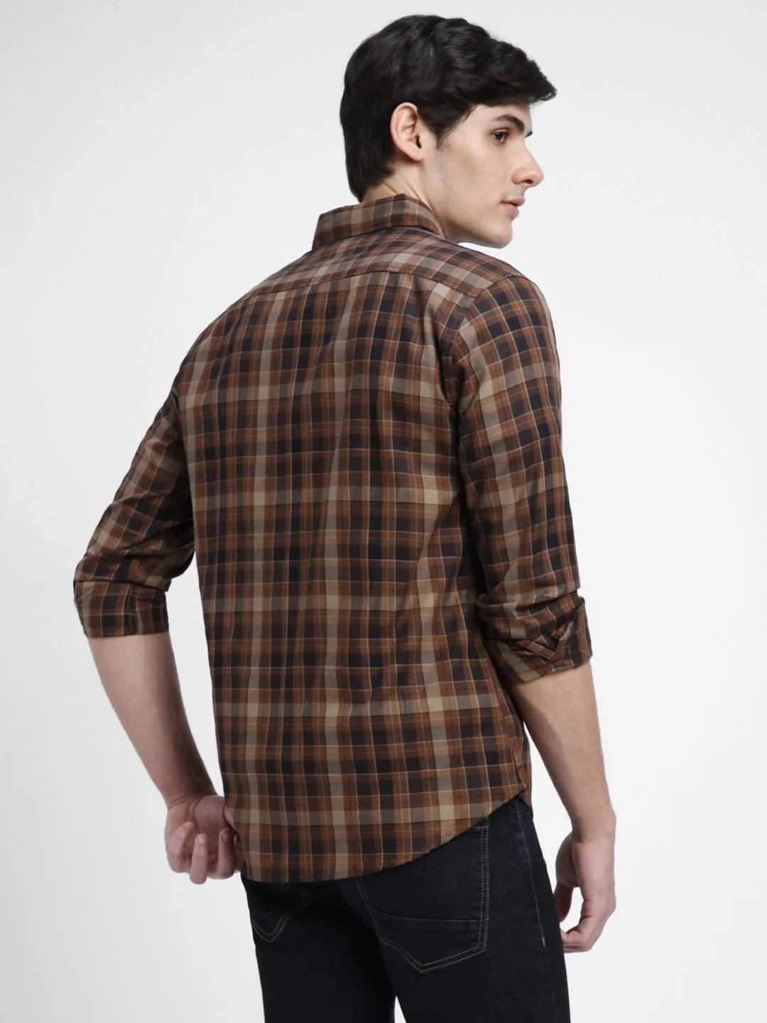 Men's Regular Collar Slim Fit Checks Khaki Casual Shirts