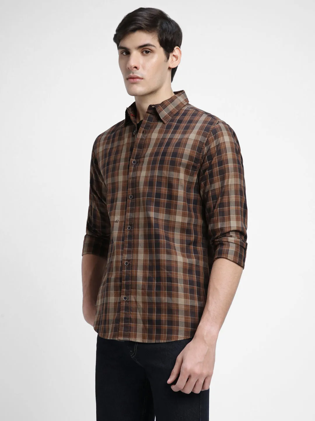 Men's Regular Collar Slim Fit Checks Khaki Casual Shirts