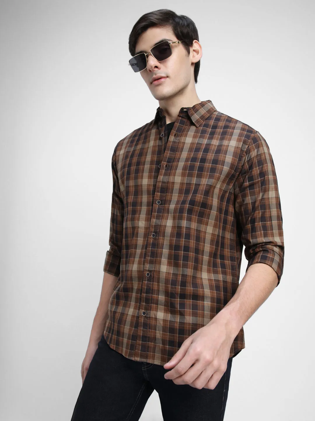 Men's Regular Collar Slim Fit Checks Khaki Casual Shirts
