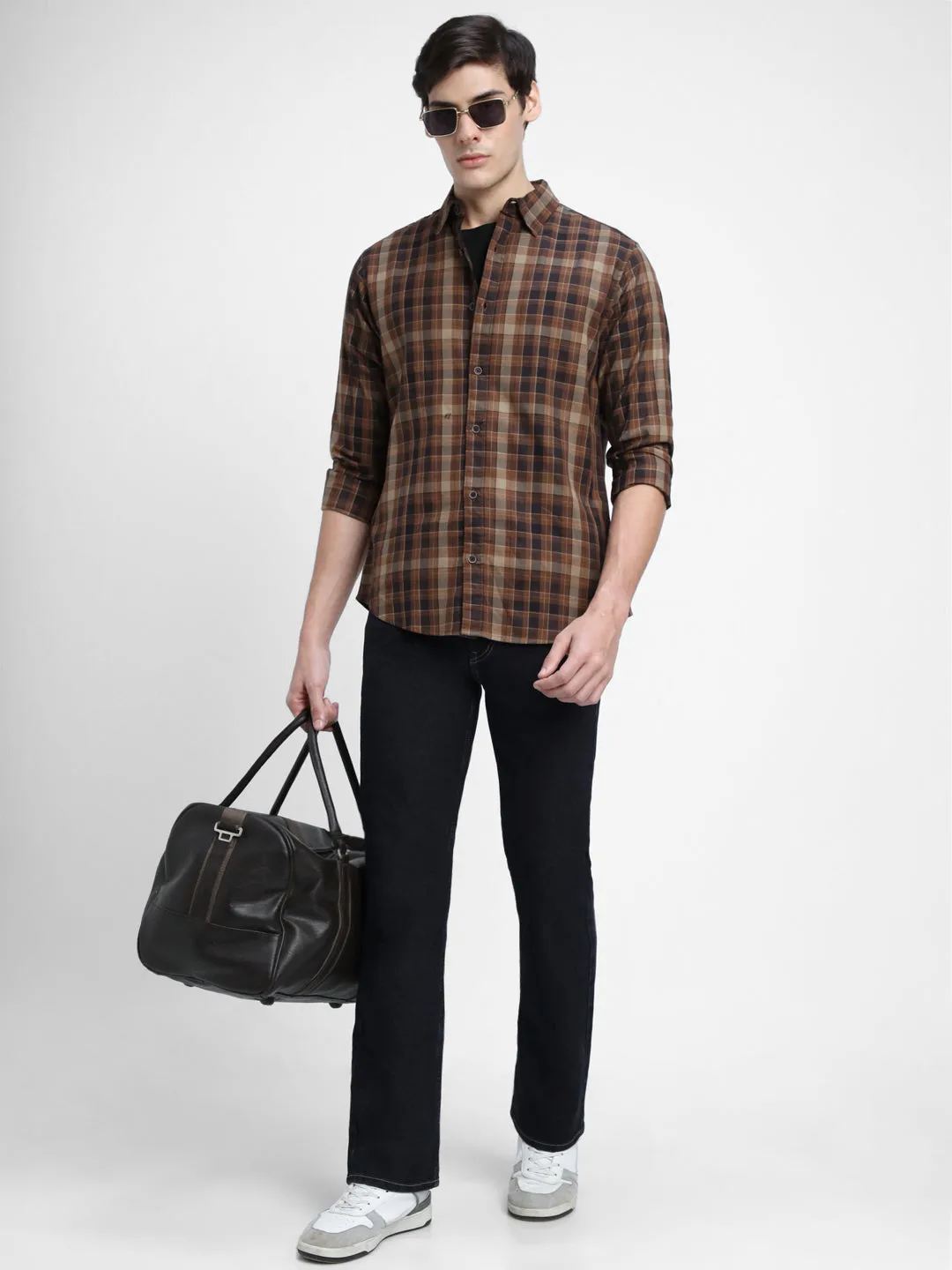 Men's Regular Collar Slim Fit Checks Khaki Casual Shirts