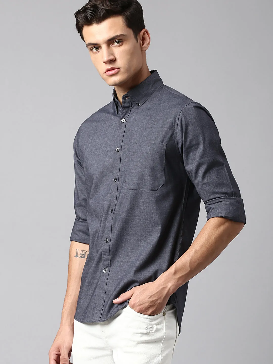 Men's Regular Collar Slim Fit Solid Green Casual Shirt