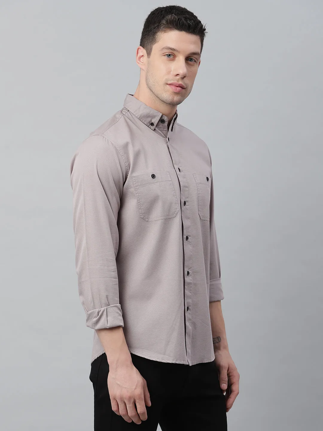 Men's Solid Dusty Grey Slim Fit Cotton Casual Shirt