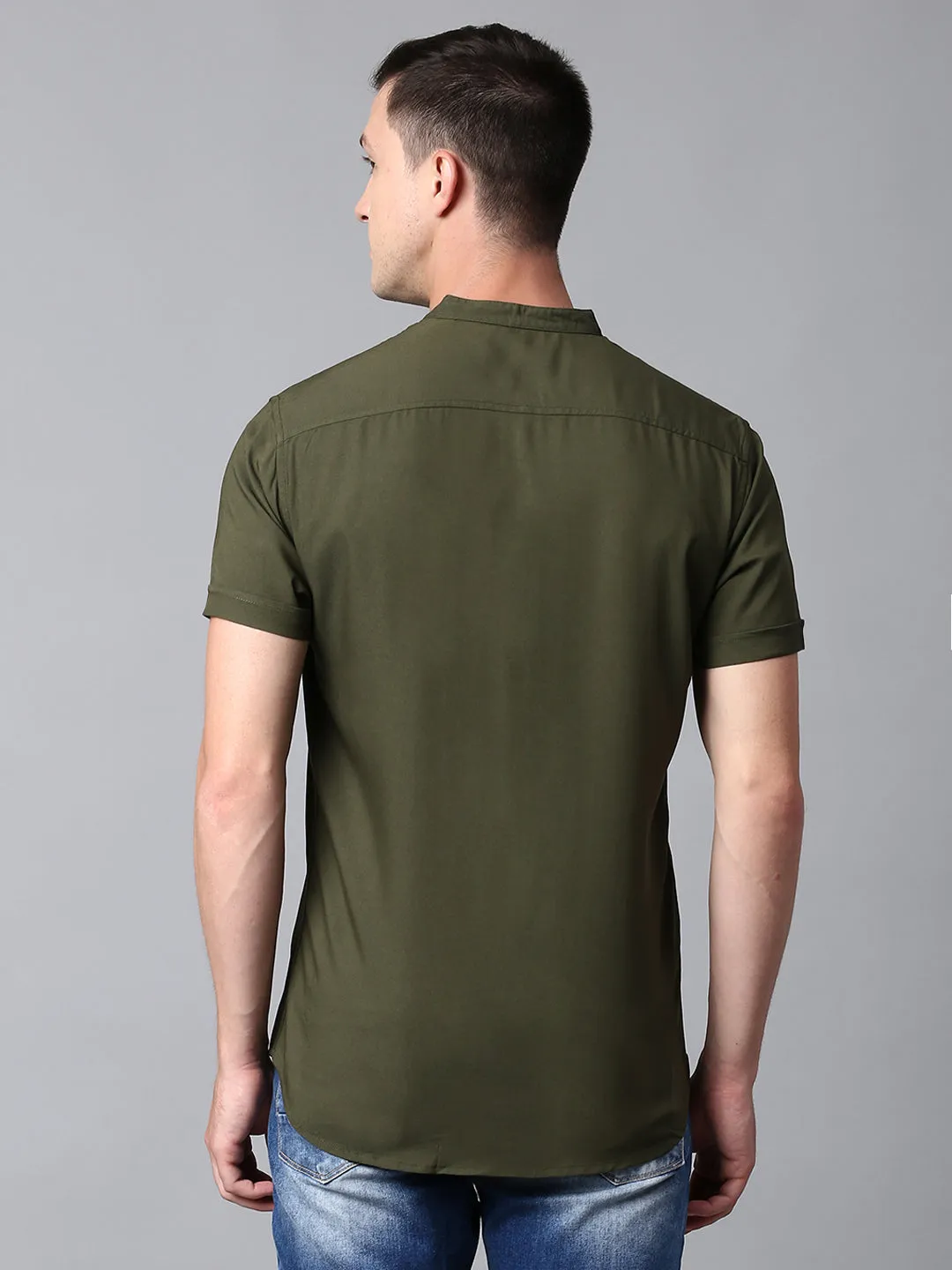 Men's Solid Olive Slim Fit Casual Shirt With Mandarin Collar