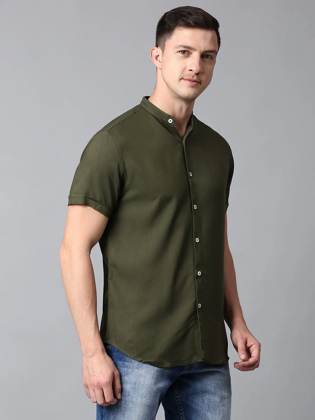 Men's Solid Olive Slim Fit Casual Shirt With Mandarin Collar