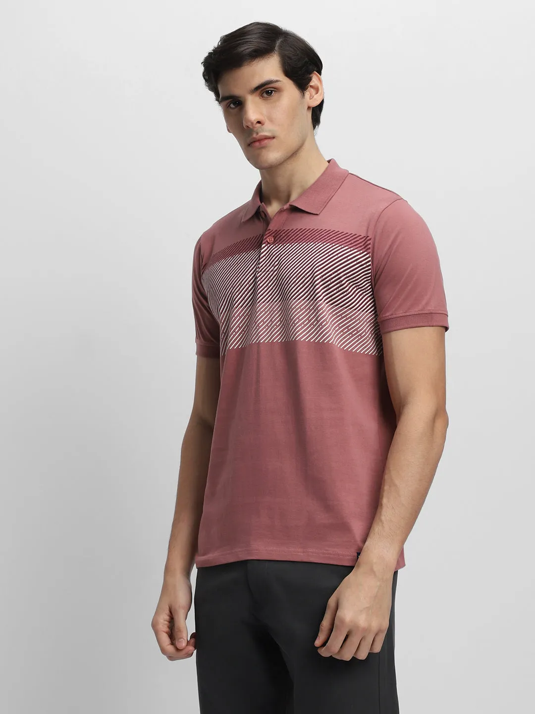 Men's Spread Collar Regular Fit Stripes Pink T-shirt
