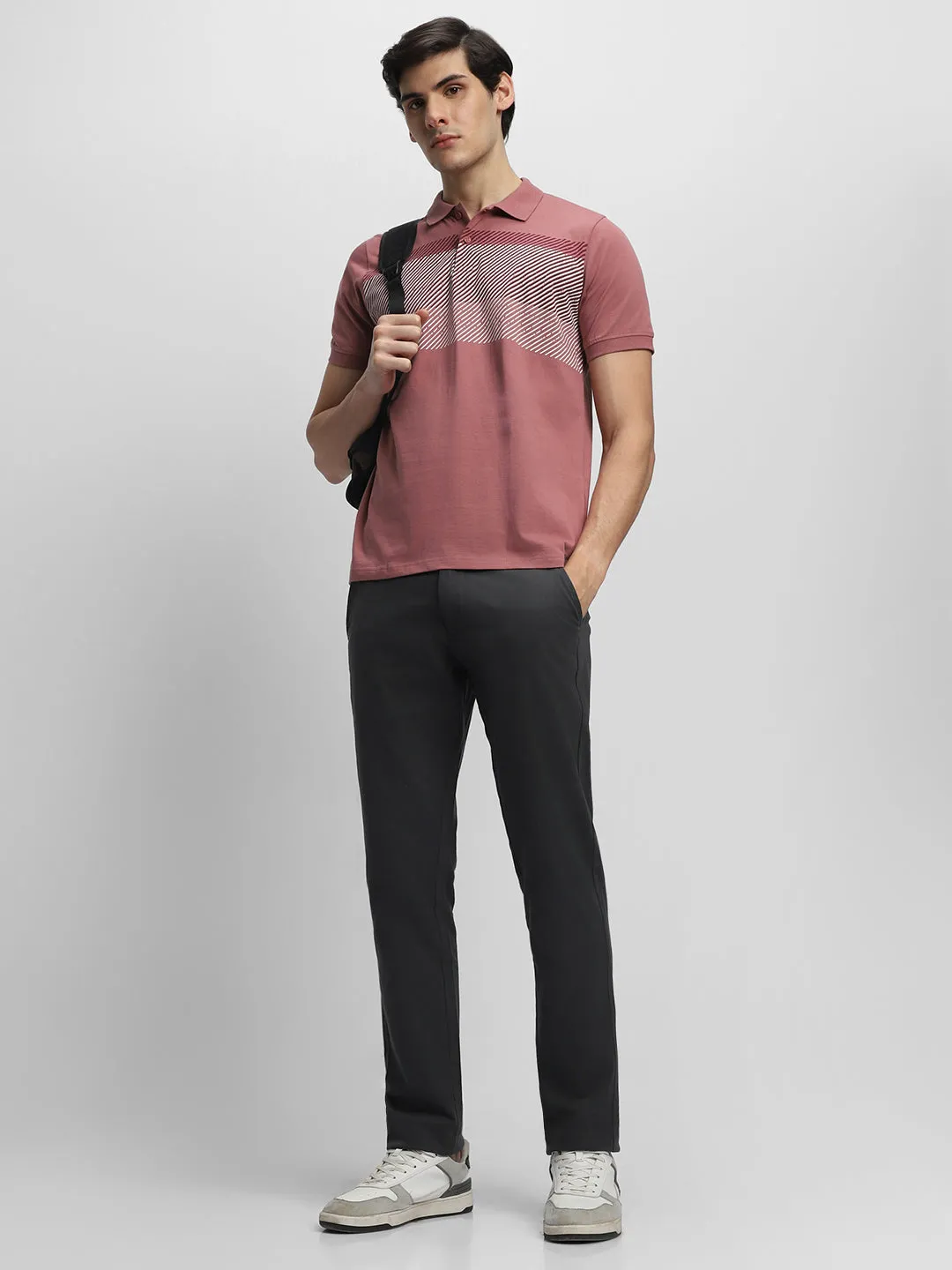 Men's Spread Collar Regular Fit Stripes Pink T-shirt