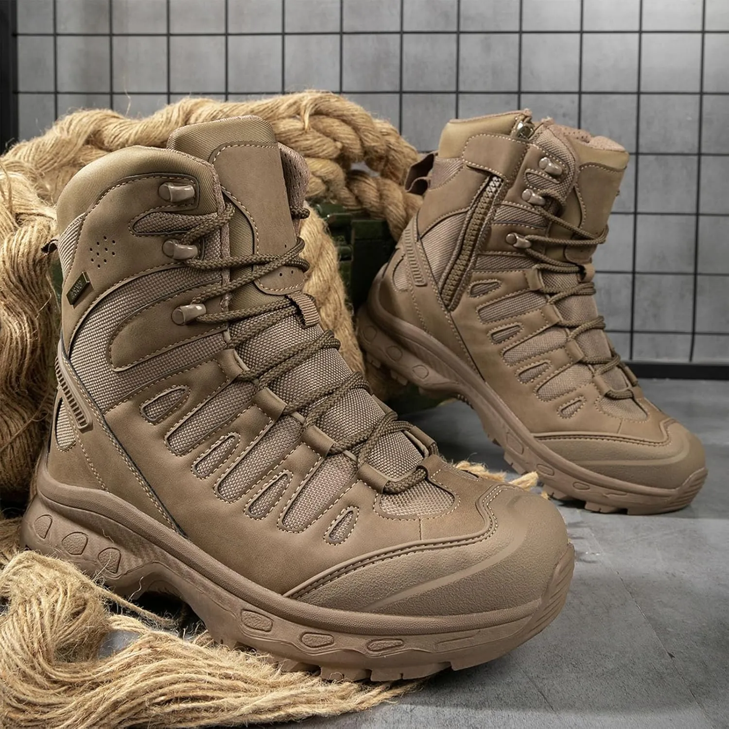 Men's Tactical Combat Boots with Side Zipper, Waterproof, Lightweight, and Breathable for Hiking, Work, and Hunting