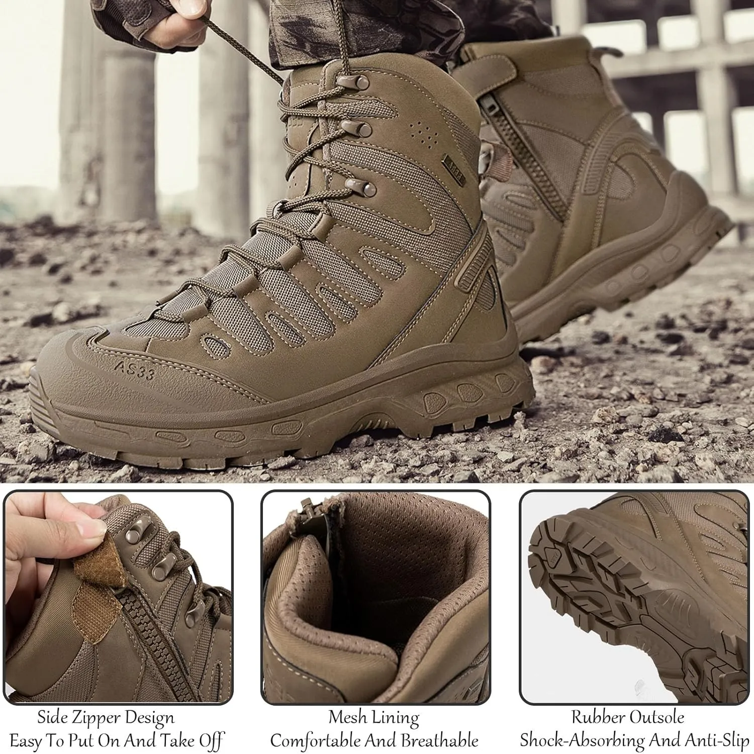 Men's Tactical Combat Boots with Side Zipper, Waterproof, Lightweight, and Breathable for Hiking, Work, and Hunting