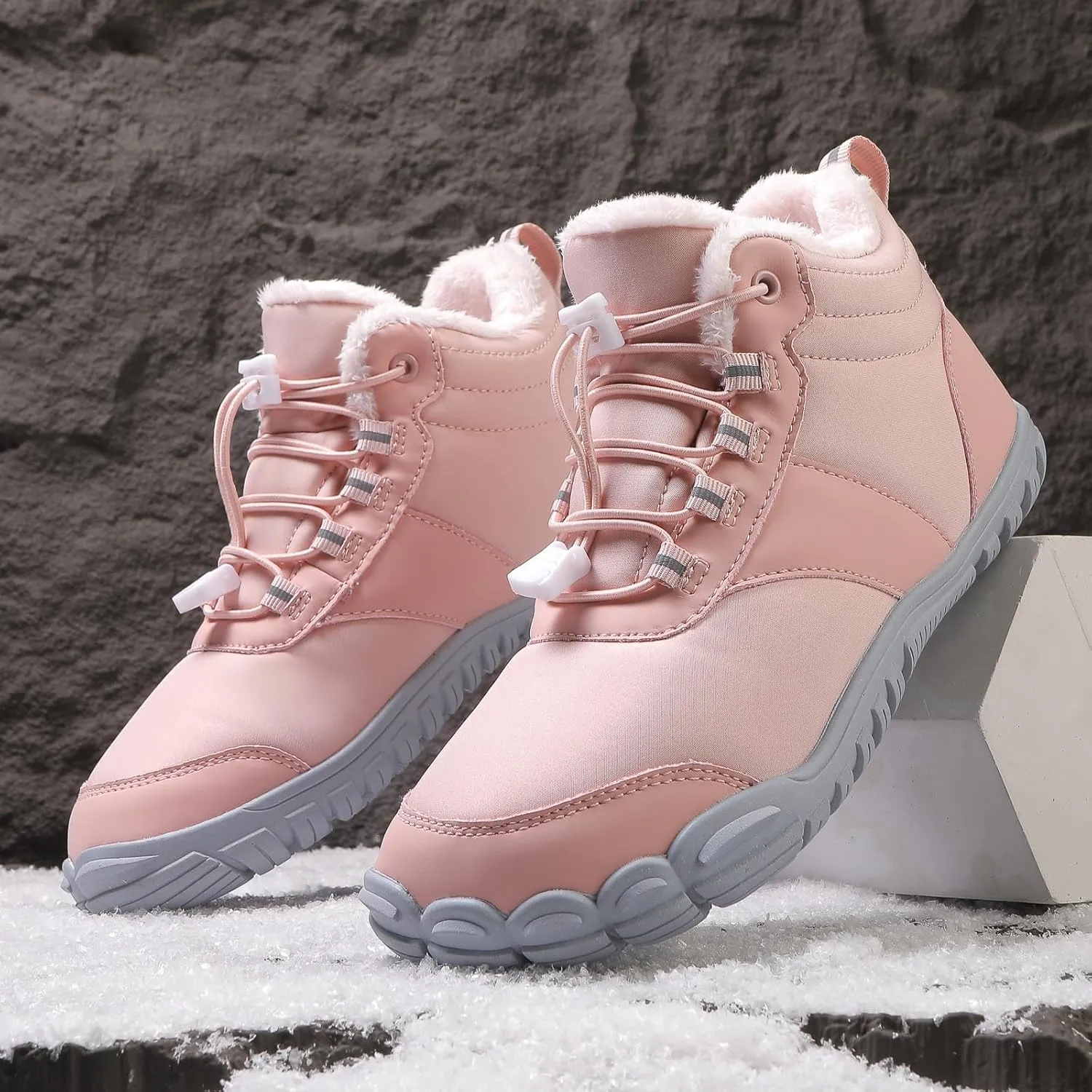 Mens Womens Winter Snow Boots Faux Sherpa Lined Waterproof Snow Sneakers Slip On Barefoot Wide Toe Box Ankle Boots