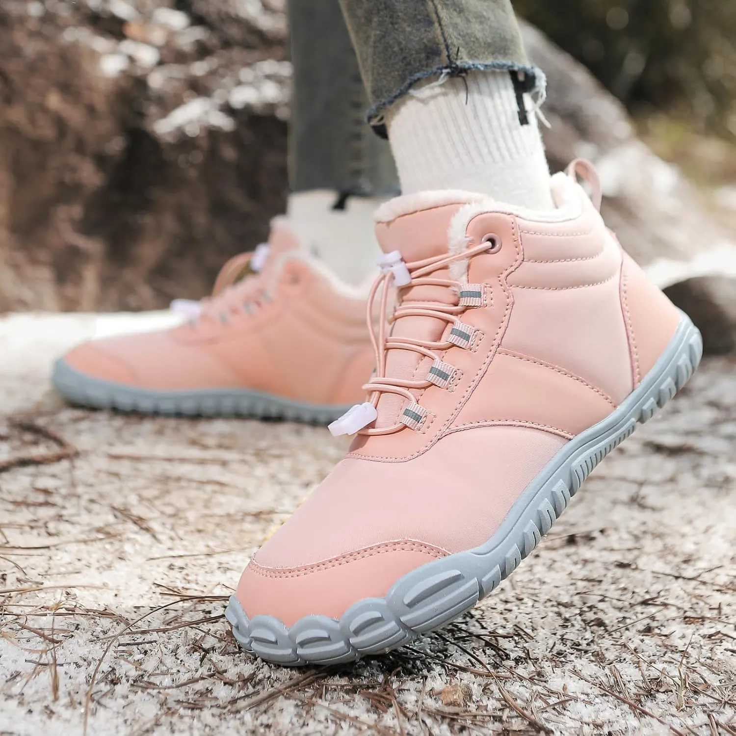 Mens Womens Winter Snow Boots Faux Sherpa Lined Waterproof Snow Sneakers Slip On Barefoot Wide Toe Box Ankle Boots