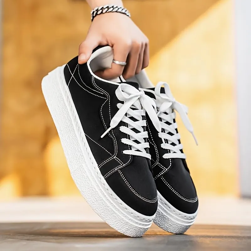 [Minimalist Design] Men's Trendy Green Skate Sneakers - Casual Low-Top Lace-Up Shoes with White Stripe, Comfortable PU Upper & Durable PVC Sole for Casual Attire