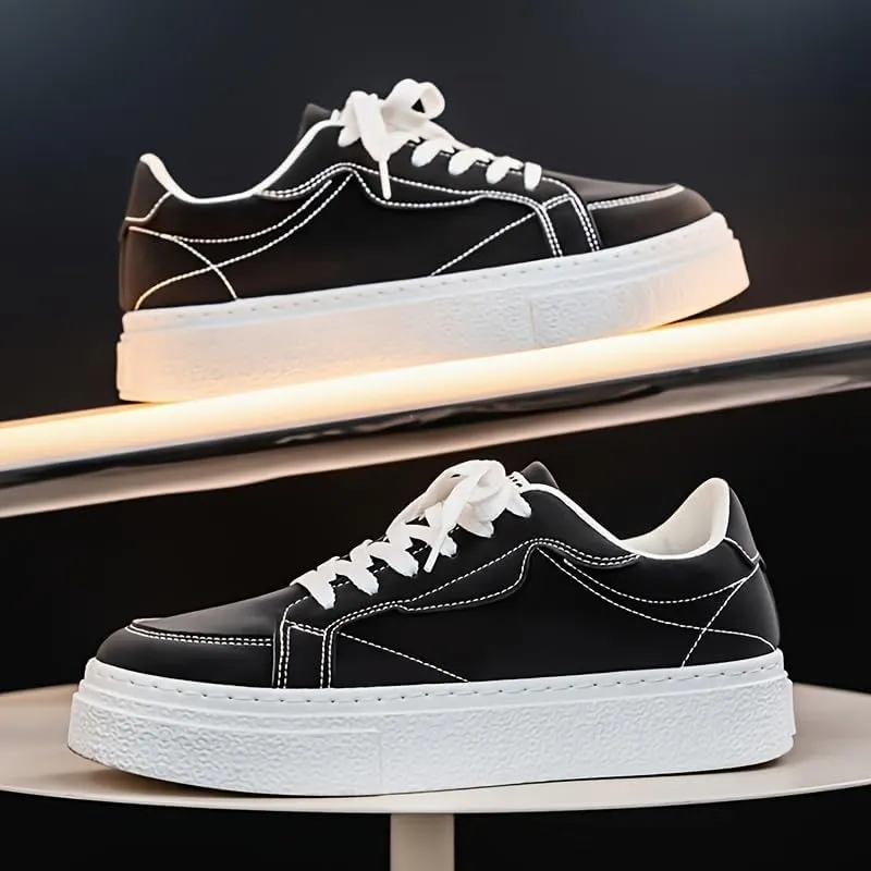 [Minimalist Design] Men's Trendy Green Skate Sneakers - Casual Low-Top Lace-Up Shoes with White Stripe, Comfortable PU Upper & Durable PVC Sole for Casual Attire