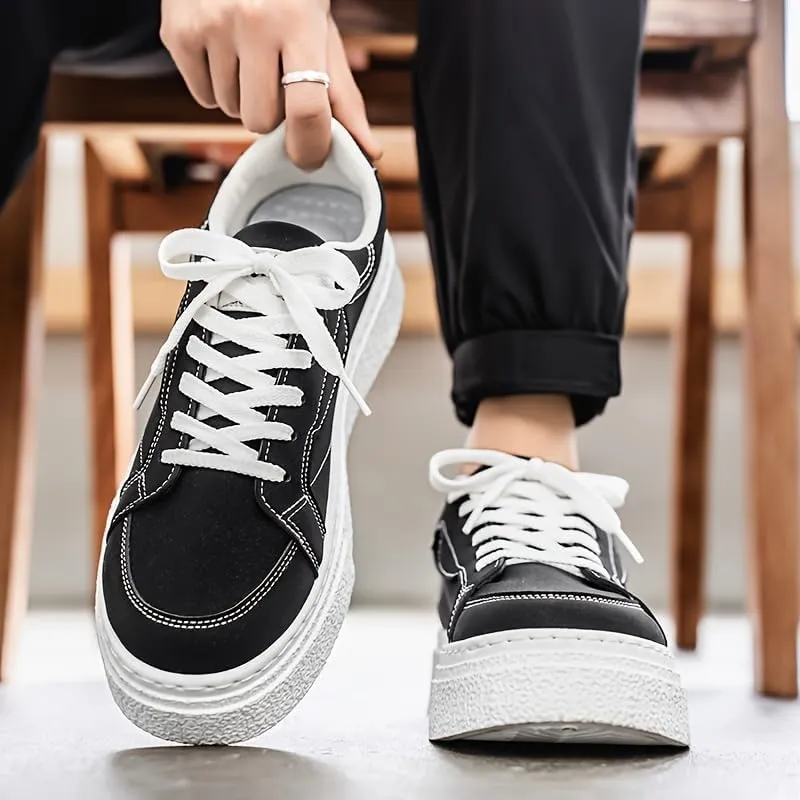 [Minimalist Design] Men's Trendy Green Skate Sneakers - Casual Low-Top Lace-Up Shoes with White Stripe, Comfortable PU Upper & Durable PVC Sole for Casual Attire