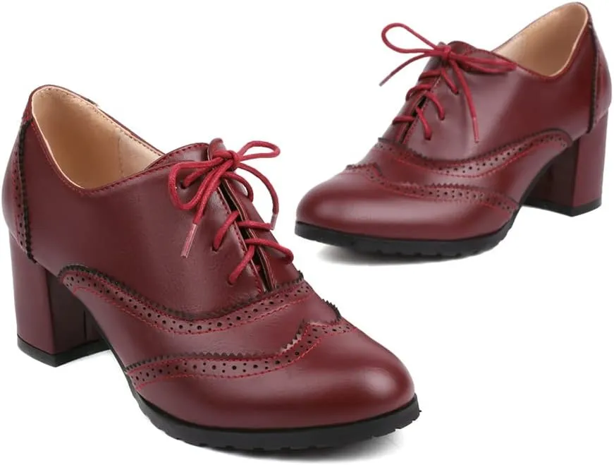 MRKEWUNEY Classic Womens Lace Up Wingtip Pump Pointed Toe Block High Heels