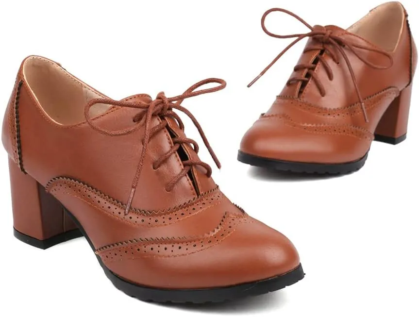 MRKEWUNEY Classic Womens Lace Up Wingtip Pump Pointed Toe Block High Heels