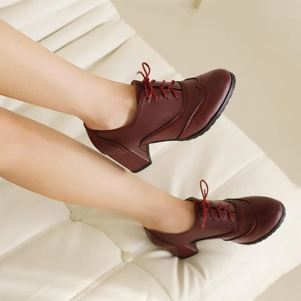 MRKEWUNEY Classic Womens Lace Up Wingtip Pump Pointed Toe Block High Heels
