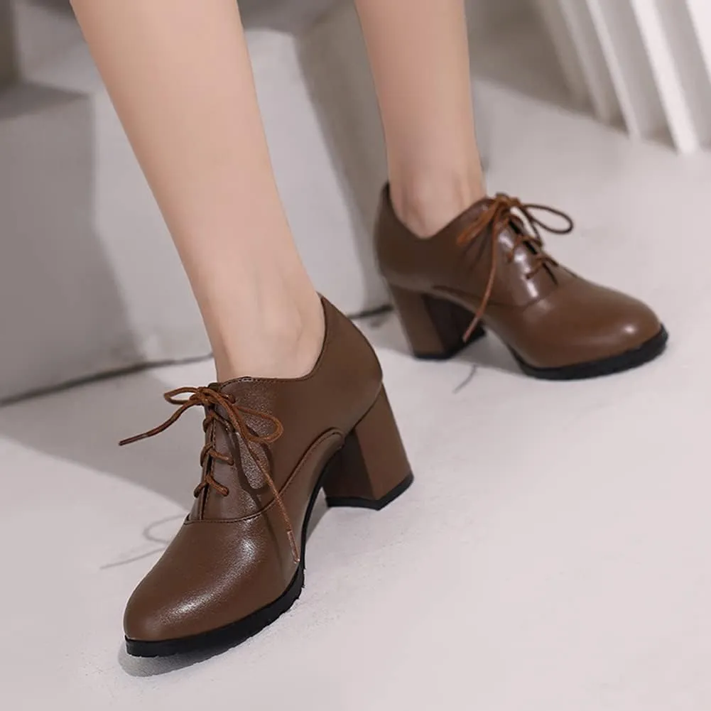 MRKEWUNEY Classic Womens Lace Up Wingtip Pump Pointed Toe Block High Heels