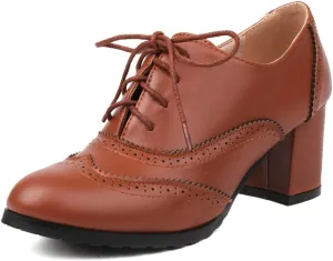 MRKEWUNEY Classic Womens Lace Up Wingtip Pump Pointed Toe Block High Heels