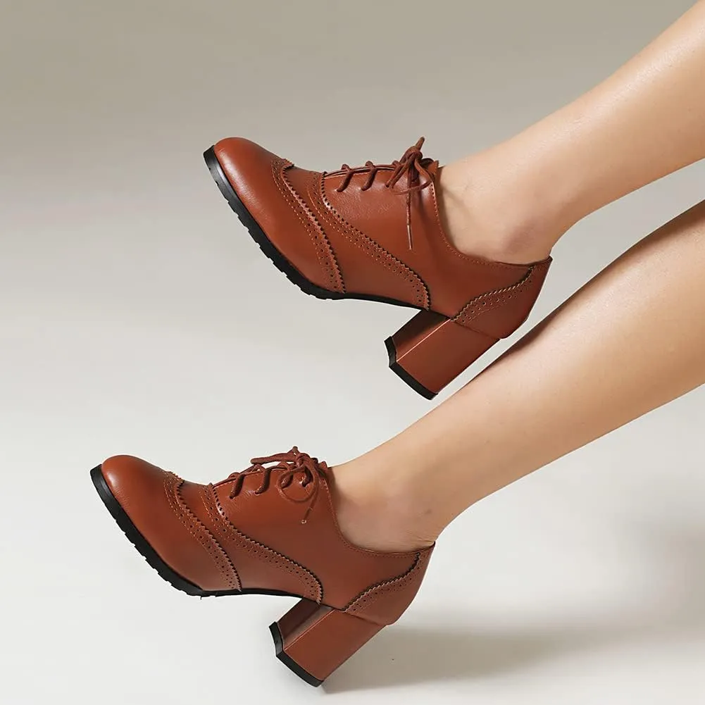MRKEWUNEY Classic Womens Lace Up Wingtip Pump Pointed Toe Block High Heels