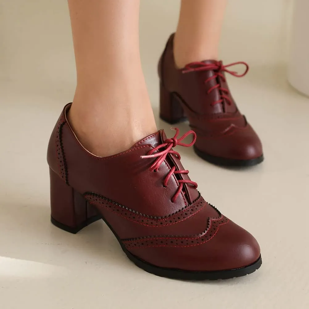 MRKEWUNEY Classic Womens Lace Up Wingtip Pump Pointed Toe Block High Heels
