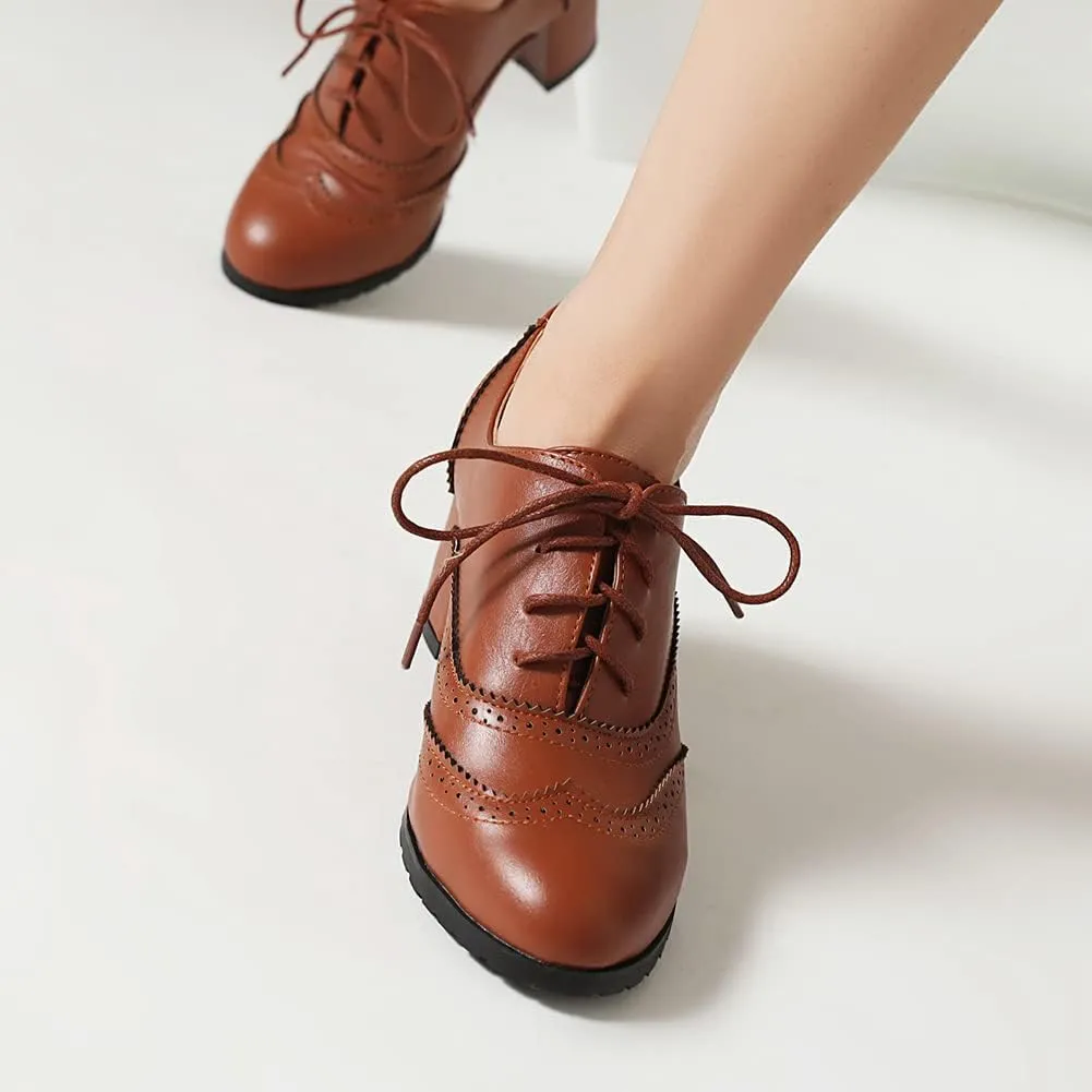 MRKEWUNEY Classic Womens Lace Up Wingtip Pump Pointed Toe Block High Heels