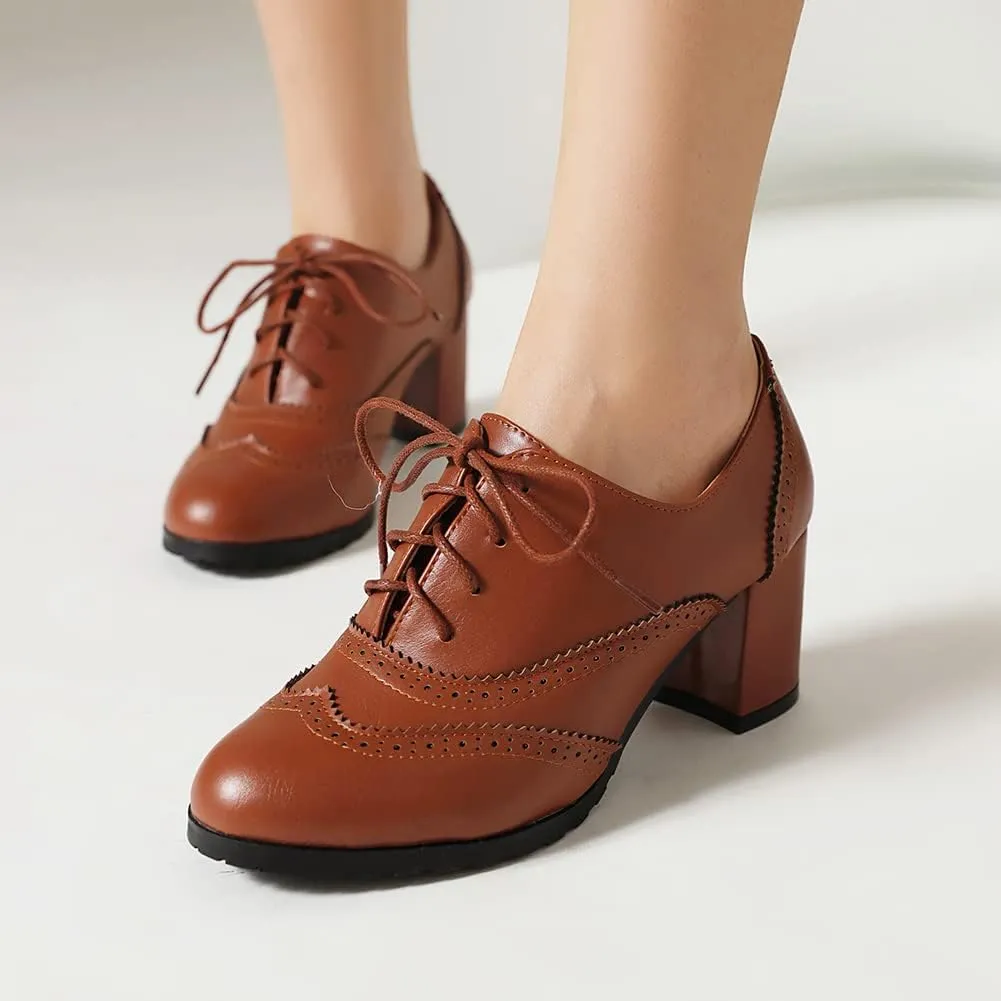 MRKEWUNEY Classic Womens Lace Up Wingtip Pump Pointed Toe Block High Heels