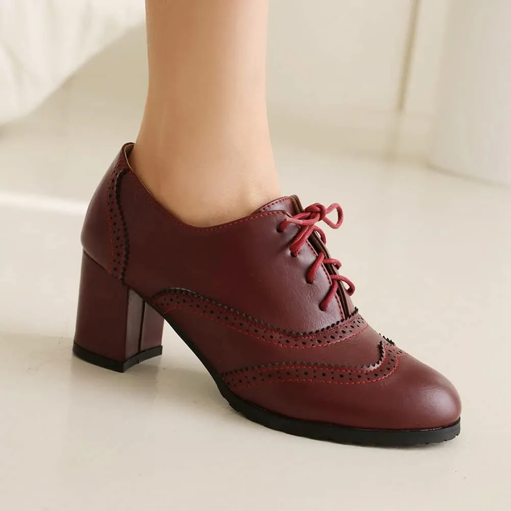 MRKEWUNEY Classic Womens Lace Up Wingtip Pump Pointed Toe Block High Heels