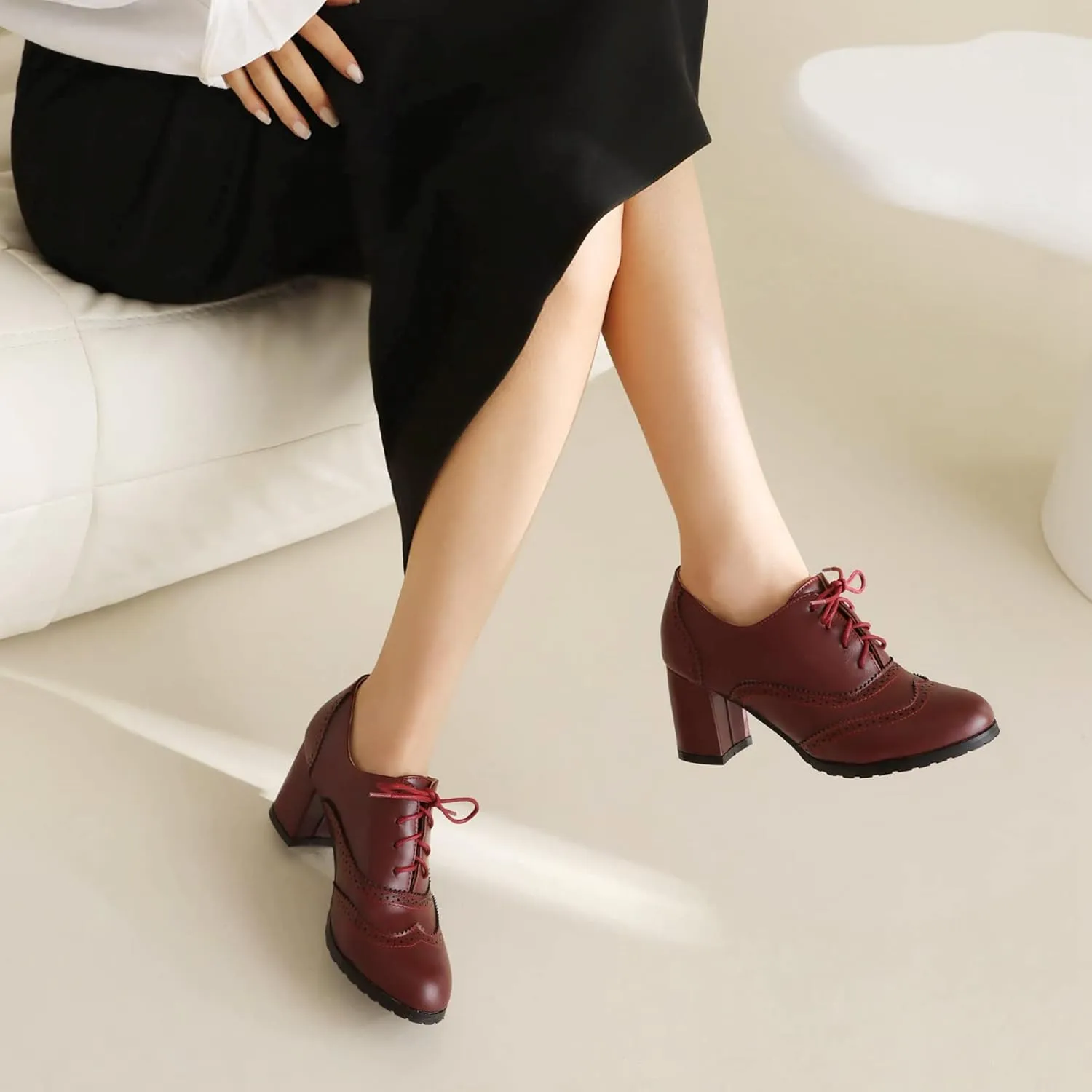 MRKEWUNEY Classic Womens Lace Up Wingtip Pump Pointed Toe Block High Heels