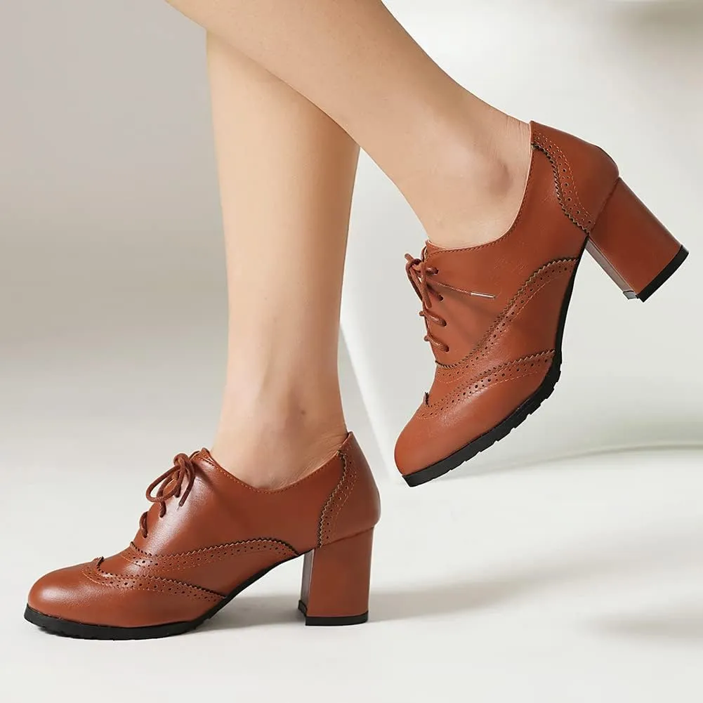 MRKEWUNEY Classic Womens Lace Up Wingtip Pump Pointed Toe Block High Heels