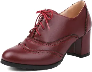 MRKEWUNEY Classic Womens Lace Up Wingtip Pump Pointed Toe Block High Heels