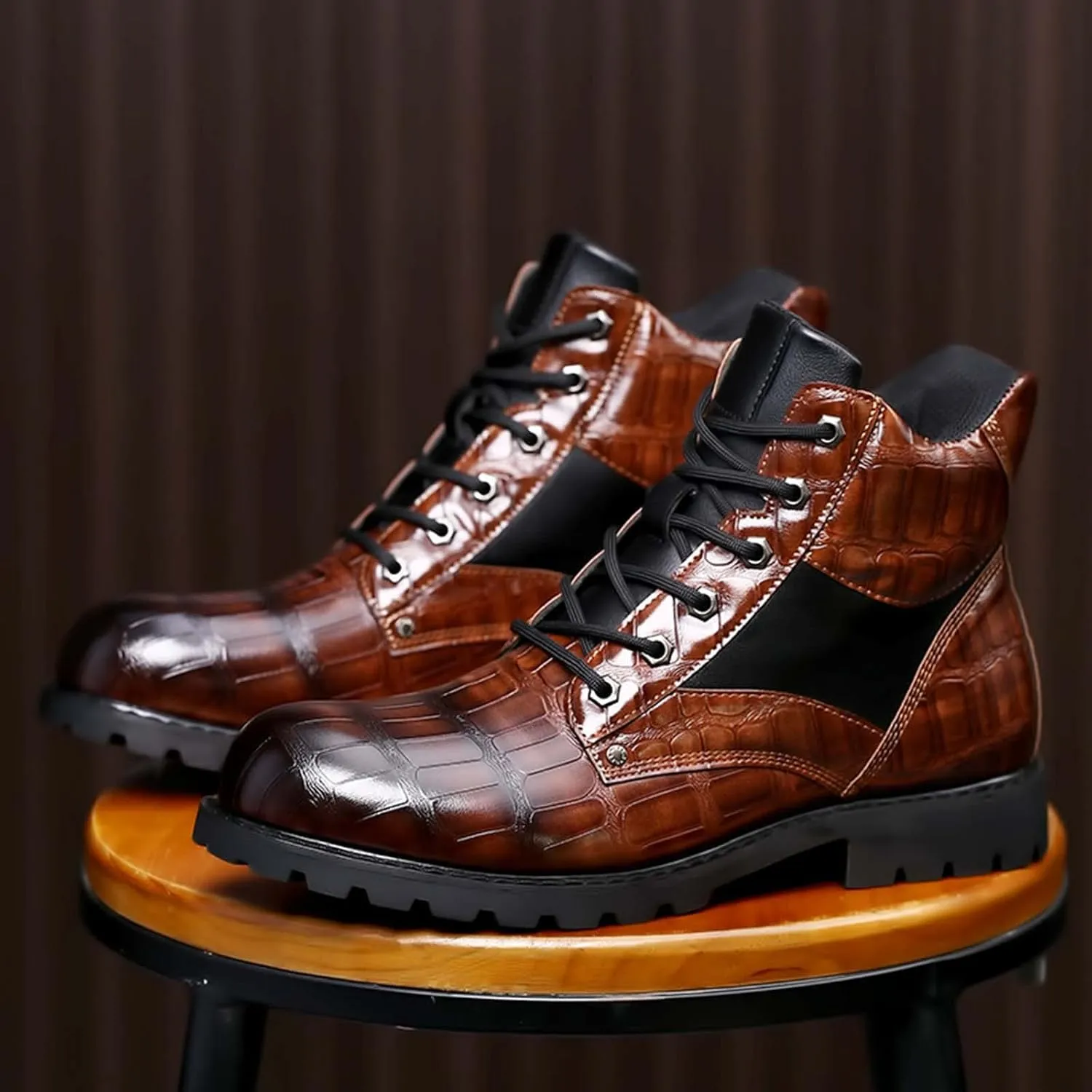 oiangi Vintage Imitation Leather Men's Boots Leather Shoes 2022 Fashion Men's Middle Top Boots Men