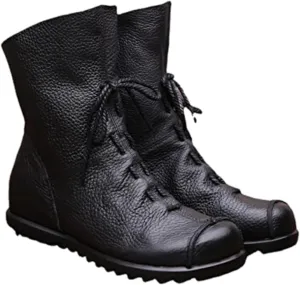pearlzone Womens Genuine Leather Casual Soft Flat Boots,Renaissance Natural Leather Handmade Historical Shoes