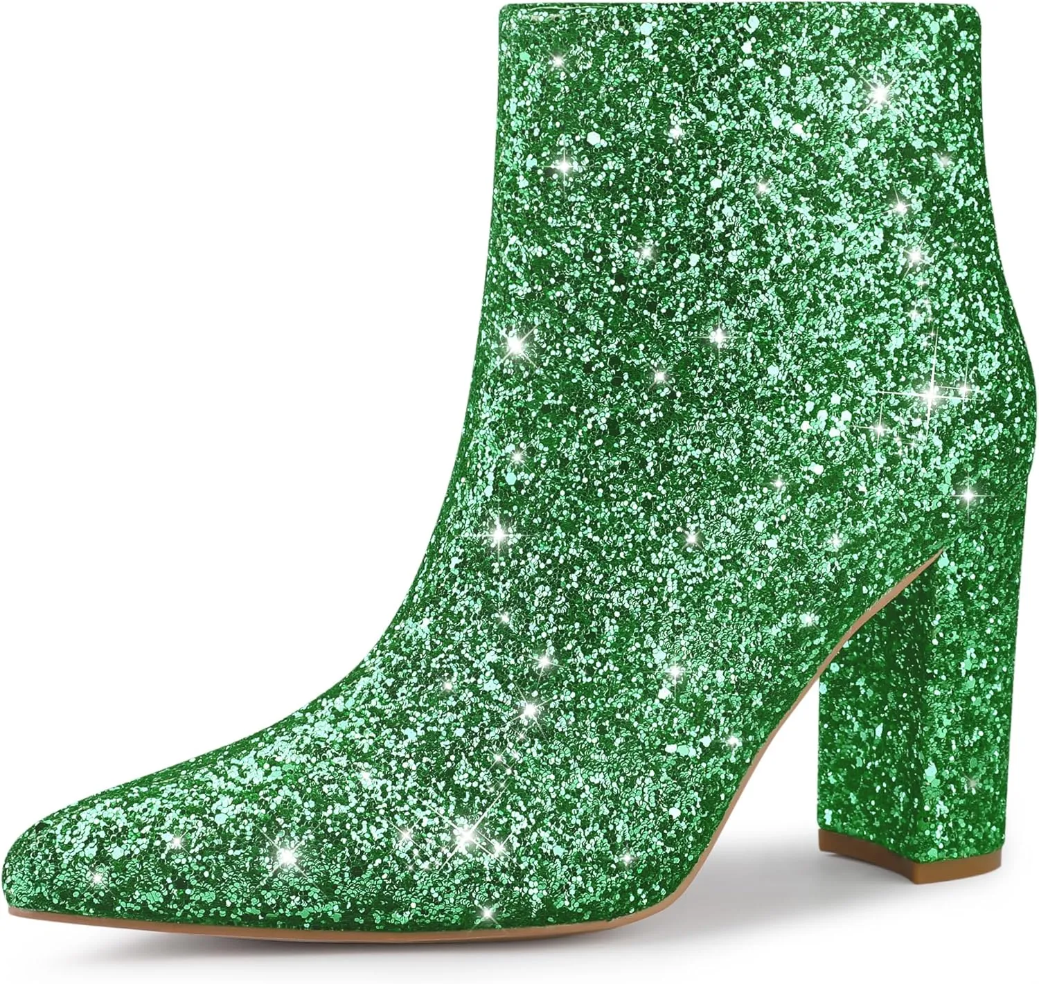 Perphy Glitter Pointed Toe Chunky Heels Sparkly Booties Ankle Boots for Women