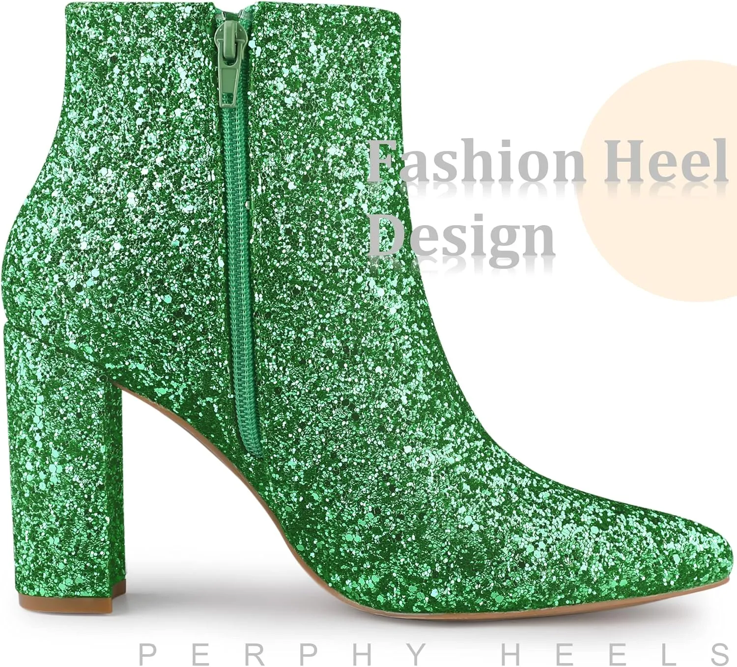 Perphy Glitter Pointed Toe Chunky Heels Sparkly Booties Ankle Boots for Women