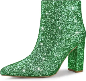 Perphy Glitter Pointed Toe Chunky Heels Sparkly Booties Ankle Boots for Women