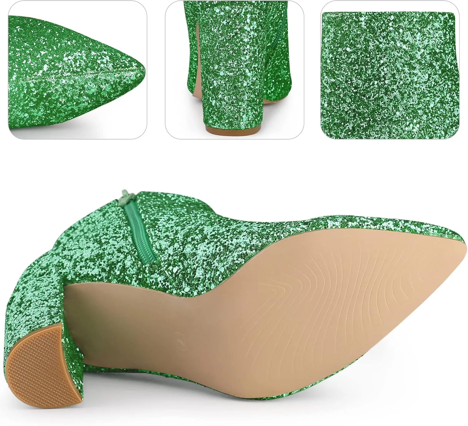 Perphy Glitter Pointed Toe Chunky Heels Sparkly Booties Ankle Boots for Women